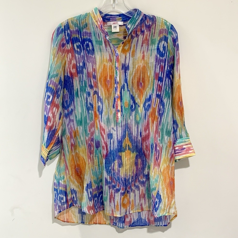 Leggiadro Silk Cotton Tunic Top Size 4 Popover Lightweight‎ Rainbow Artsy FLAW